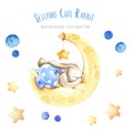 Watercolor illustration sleeping rabbit on the moon