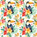 Handpainted watercolor seamless pattern with multicolored flower,tropical leaves,branch,toucan on white background Royalty Free Stock Photo