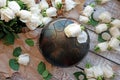 The Handpan is traditional ethnic drum musical instrument with roses background.