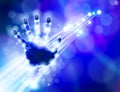 Handprint, blue technology background