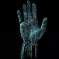Handprint with blue white matrix code symbols on black background. Matrix hand print