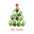 Handprint Christmas tree with red handdrawn star. Watercolor acrylic kids Christmas art. Children Christmas crafts