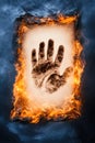 Handprint in fiery frame on dark background Royalty Free Stock Photo