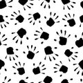 Handprint seamless pattern. Abstract black and white hand print. Background for design prints. Imprint stamp palm. Track hand prin