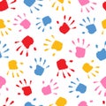 Handprint seamless pattern. Happy hand print. Funny background for design prints. Imprint stamp palm. Track hand print kid. Handpr