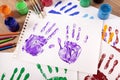 Handprints and art equipment, painting class, school desk