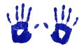 Child handprints in blue paint isolated on white background Royalty Free Stock Photo