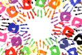 Child handprints circle multicolor, white background