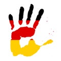 Handprints In The Form Of A Flag Of Germany, Image Of Unity, Freedom, Independence. Yellow Black Red Ink Imprint