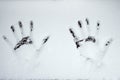 Handprints of human hands in the snow