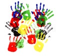 Child hand prints multicolor group overlapping isolated on white background Royalty Free Stock Photo