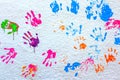 Handprints paint on a white wall Royalty Free Stock Photo