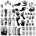 Handprints, wheels, footprints Royalty Free Stock Photo