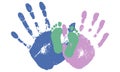 Handprints of woman and man, footprint of baby. Mother, father and child. Vector illustration