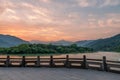 The handrails and river sunset in the Dujiangyan Irrigation System