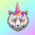 Handrawing animal bear wearing cute glasses with unicorn horn. T-shirt graphic print.