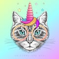 Handrawing animal cat wearing cute glasses with unicorn horn. T-shirt graphic print.
