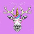 Handrawing animal deer wearing cute glasses with unicorn horn. T-shirt graphic print.