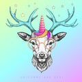 Handrawing animal deer wearing cute glasses with unicorn horn. T-shirt graphic print.