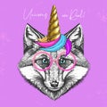 Handrawing animal fox wearing cute glasses with unicorn horn. T-shirt graphic print.