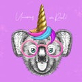 Handrawing animal koala wearing cute glasses with unicorn horn. T-shirt graphic print.