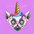 Handrawing animal lemur wearing cute glasses with unicorn horn. T-shirt graphic print.