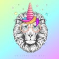 Handrawing animal lion wearing cute glasses with unicorn horn. T-shirt graphic print.