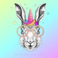 Handrawing animal rabbit wearing cute glasses with unicorn horn. T-shirt graphic print.