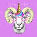 Handrawing animal ram wearing cute glasses with unicorn horn. T-shirt graphic print.