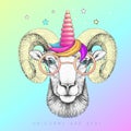 Handrawing animal ram wearing cute glasses with unicorn horn. T-shirt graphic print.