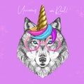 Handrawing animal wolf wearing cute glasses with unicorn horn. T-shirt graphic print.