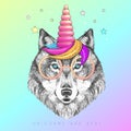 Handrawing animal wolf wearing cute glasses with unicorn horn. T-shirt graphic print.