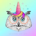 Handrawing bird owl wearing cute glasses with unicorn horn. T-shirt graphic print.