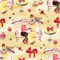 Handrawn bunny in love. Valentine`s Day. Rabbits and heart. Watercolor illustration on white background. Postcard. Set Royalty Free Stock Photo