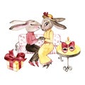 Handrawn bunny in love. Valentine`s Day. Rabbits and heart. Watercolor illustration on white background. Postcard. Set