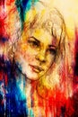 Handrawn portrait of young woman on background with structured graphic effect.