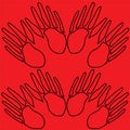 Hands hands, hands of a woman,hands of a man, hands of a family, hands of children, on a scarlet,pink, blue background