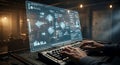 Hands actively typing on a modern keyboard, navigating intricate data visualisations on a transparent display. Royalty Free Stock Photo