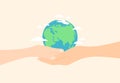 Hands of an adult and a child holding the planet Earth in their palms. Vector illustration Royalty Free Stock Photo