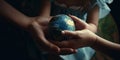 Hands of adult and children holding little globe. Saving the planet for future generations concept. Generative AI Royalty Free Stock Photo