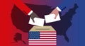 The hands of an African American and a Caucasian man throw their vote into the ballot box Royalty Free Stock Photo