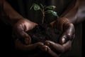 Hands of african man holding young plant in sunshine. Environment conservation, reforestation, climate change. Dark mood.