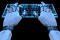 Hands of ai robot typing on keypad. Robotic arm cyborg hand using keyboard computer. 3d render realistic illustration Royalty Free Stock Photo