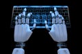 Hands of ai robot typing on keypad. Robotic cyborg hand using keyboard computer. 3d render realistic illustration. Top view