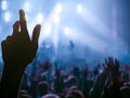 Hands in the air during music festival or concert. Celebrating. Shallow depth of field. Royalty Free Stock Photo