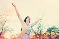 Hands in the air, park and woman with celebration, smile and excited with achievement and success. Outdoor, person and Royalty Free Stock Photo