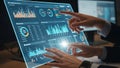 Hands Analyzing Complex Financial Data on a Transparent Futuristic Digital Dashboard technology Royalty Free Stock Photo