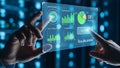 Hands analyzing data on a futuristic holographic dashboard with charts and graphs data analysis Royalty Free Stock Photo