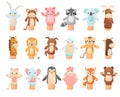 Hands animal puppets set. Lion, giraffe, monkey, kitten puppy, elephant, horse, bear, sheep animal dolls on hands Royalty Free Stock Photo