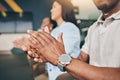 Hands, applause and presentation, audience and team with meeting, seminar and business people in workplace. Conference Royalty Free Stock Photo